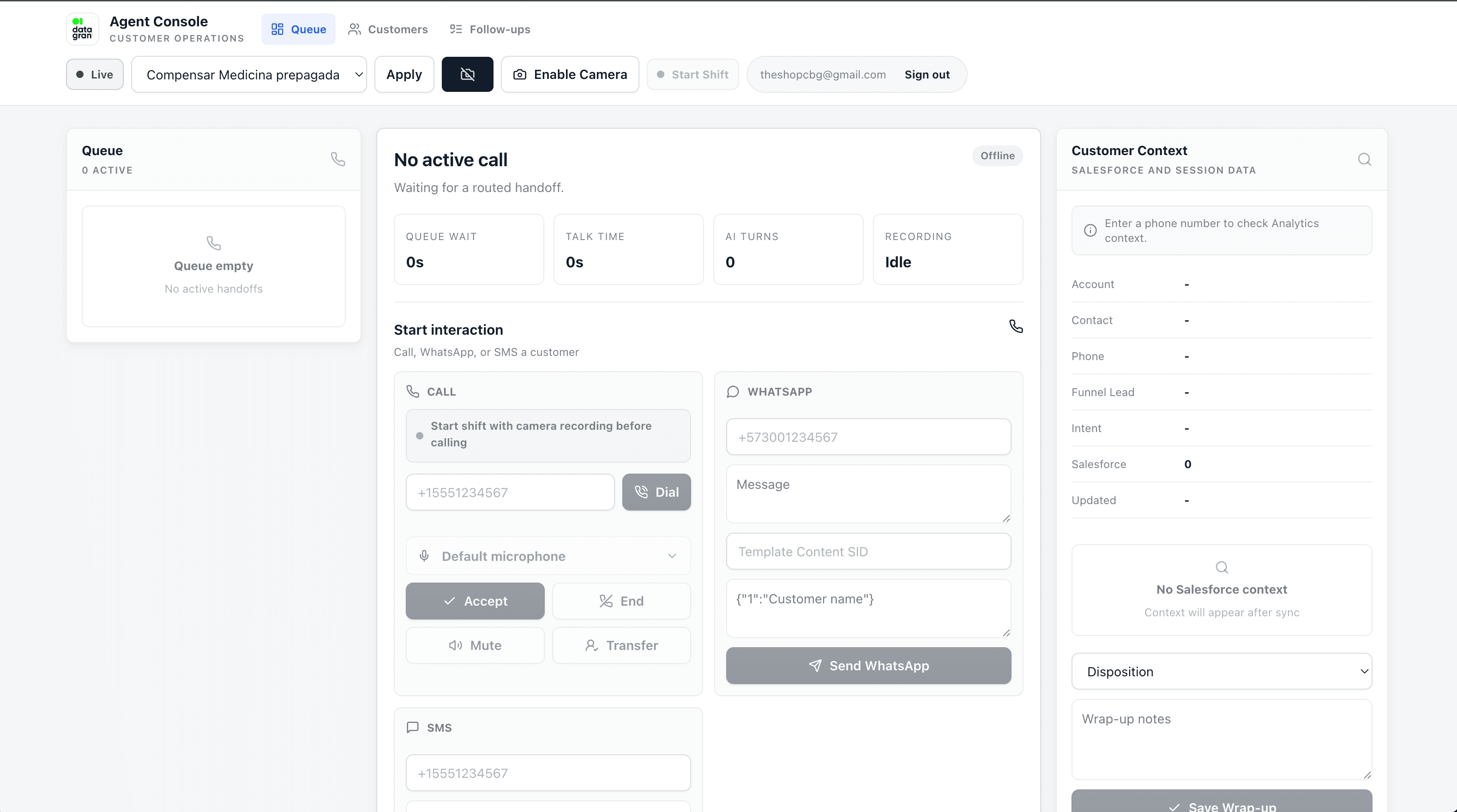 Human agent console with live queue and handoffs